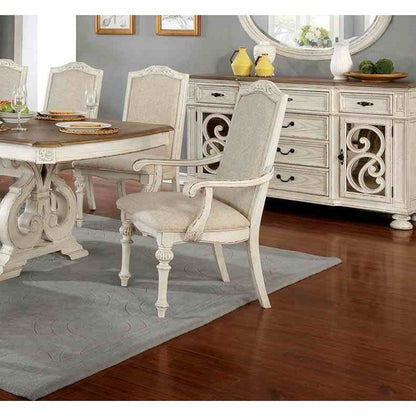 Antique White Dining Room 9pcs Set Table W/ Leaf And 6X Side Chairs 2X Arm Chairs Ivory Fabric Upholstered Seat