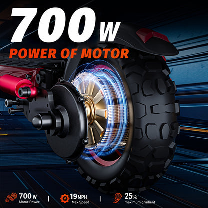 Folding Electric Scooter, 700W Motor, 19 MPH Top Speed, 11-Inch Large Tires, 31-Mile Range, Single Drive, Black and Red, with LED Lights and Seat