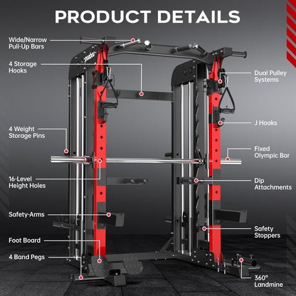 HASIMAN Multi-Functional Power Rack Cage with 2000 Pounds Capacity, LAT Pull Down J-Hooks, Dip Bars, T-Bar, Cable Handles And Other Attachments, Home Gym Exercise Machine, Comprehensive Workout Equipment