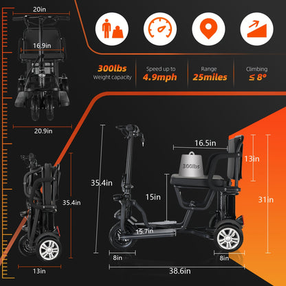 Lightweight Folding Mobility Scooter for Seniors & with 12AH, 25-Mile Range, Electromagnetic Brake - Scooter with Rear Storage, Padded & Absorption - Airline Approved (No Assembly)