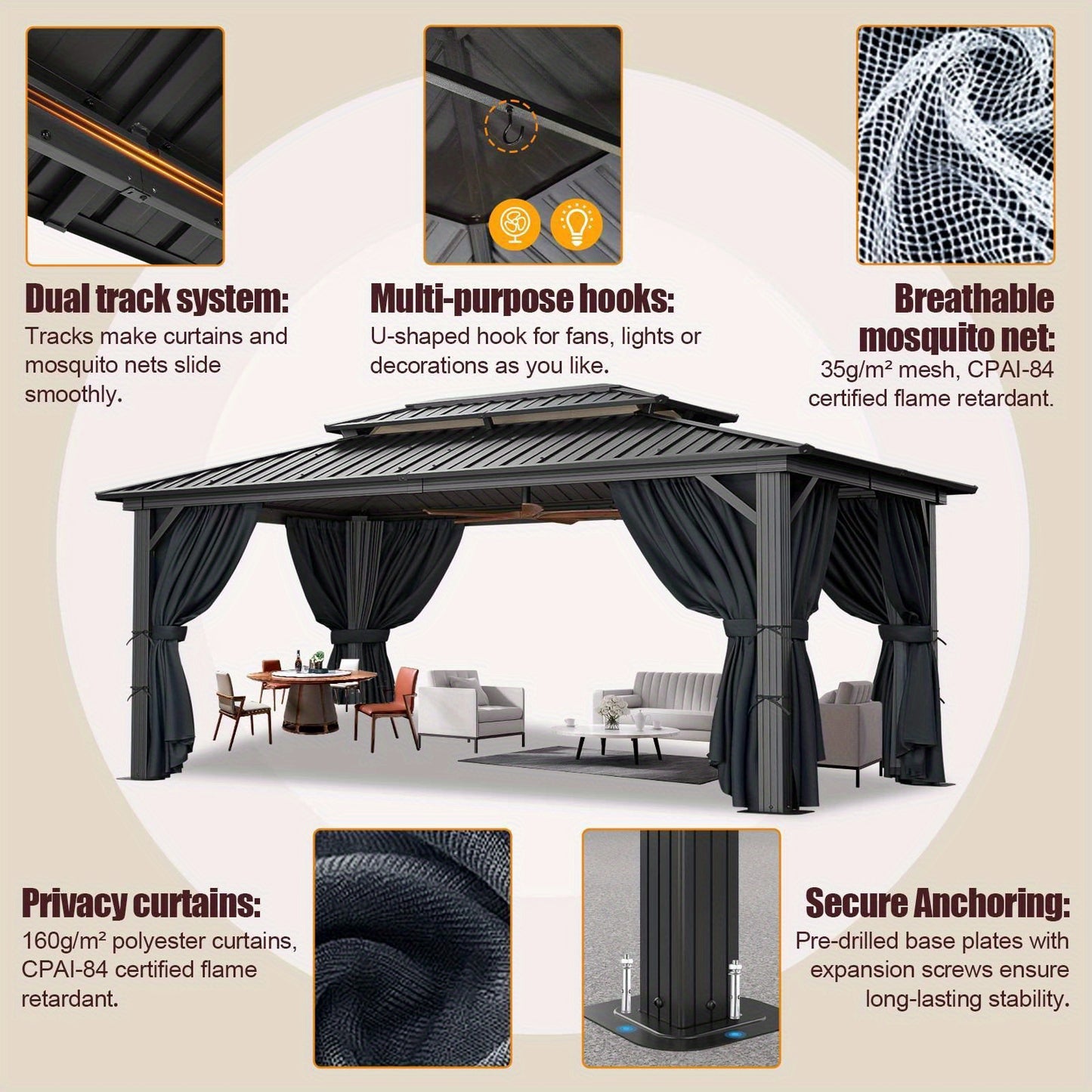 10x15ft Heavy-duty hard-roofed pavilions, outdoor pavilions for patios and backyards, heavy-duty pavilions with aluminum frames, pavilions with galvanized steel double roofs, flame-retardant curtains and mesh, thicken frames, sturdy and durable