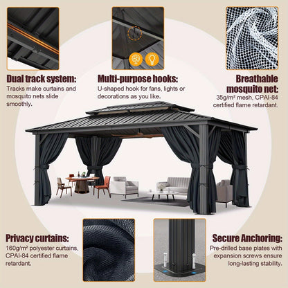 10x15ft Heavy-duty hard-roofed pavilions, outdoor pavilions for patios and backyards, heavy-duty pavilions with aluminum frames, pavilions with galvanized steel double roofs, flame-retardant curtains and mesh, thicken frames, sturdy and durable