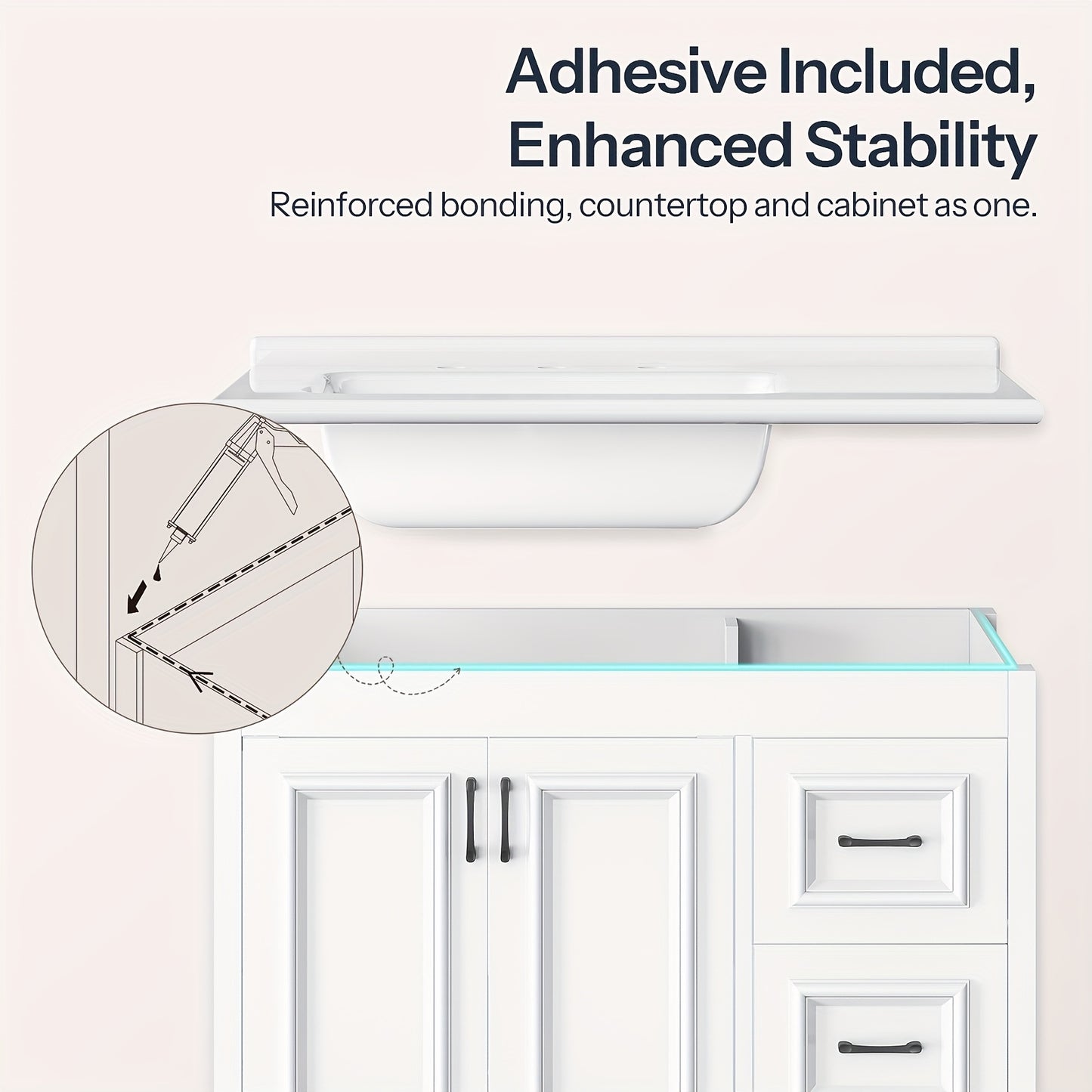 White Bathroom Vanity with Sink, Modern Storage Cabinet with Ceramic Countertop, Drawers And Cabinet, Arc Bottom Design And Metal Glides, Drain Kit Not Included, for Bathroom