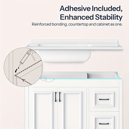 White Bathroom Vanity with Sink, Modern Storage Cabinet with Ceramic Countertop, Drawers And Cabinet, Arc Bottom Design And Metal Glides, Drain Kit Not Included, for Bathroom