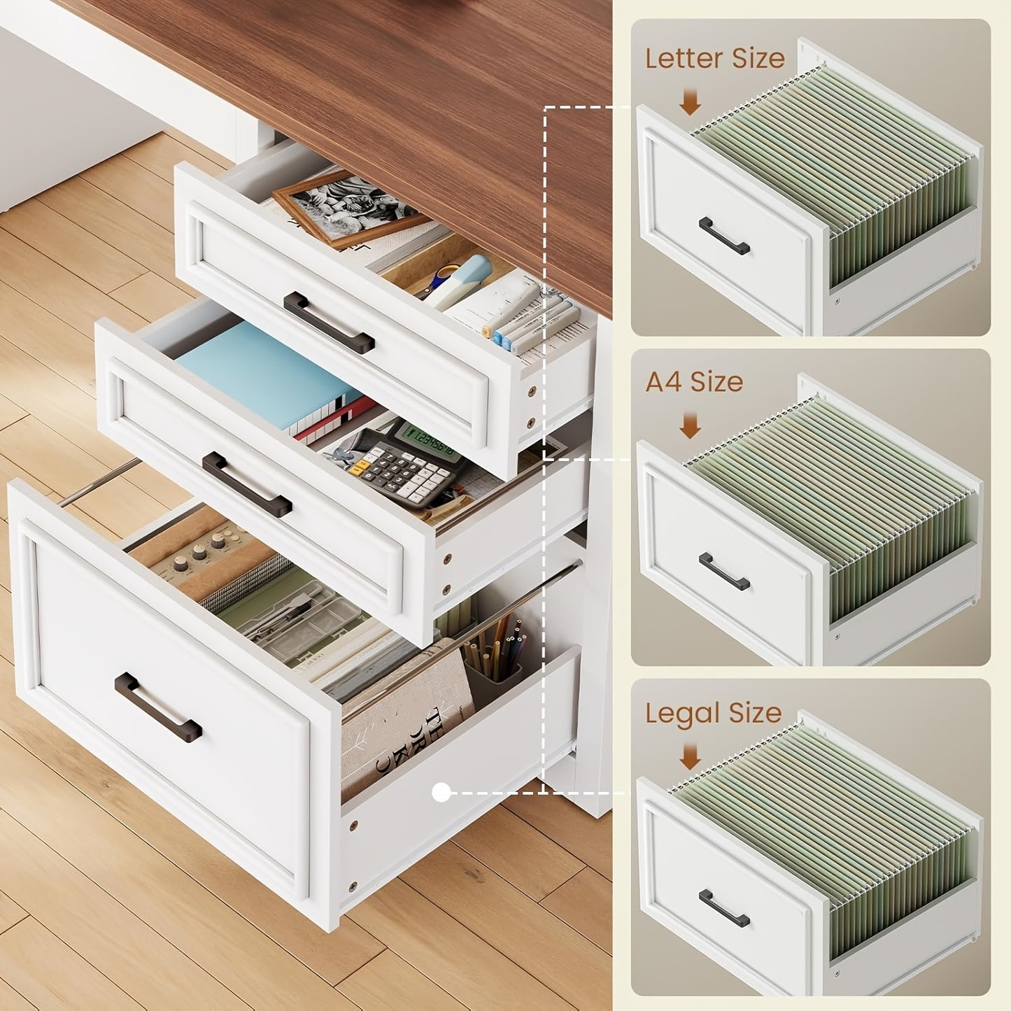 Farmhouse L Shaped Electric Standing Desk | 63" x 67" Height Adjustable, Metal, 3 Drawers and Shelves, Freestanding, Plug Powered