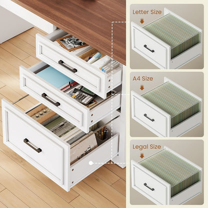 Farmhouse L Shaped Electric Standing Desk | 63" x 67" Height Adjustable, Metal, 3 Drawers and Shelves, Freestanding, Plug Powered