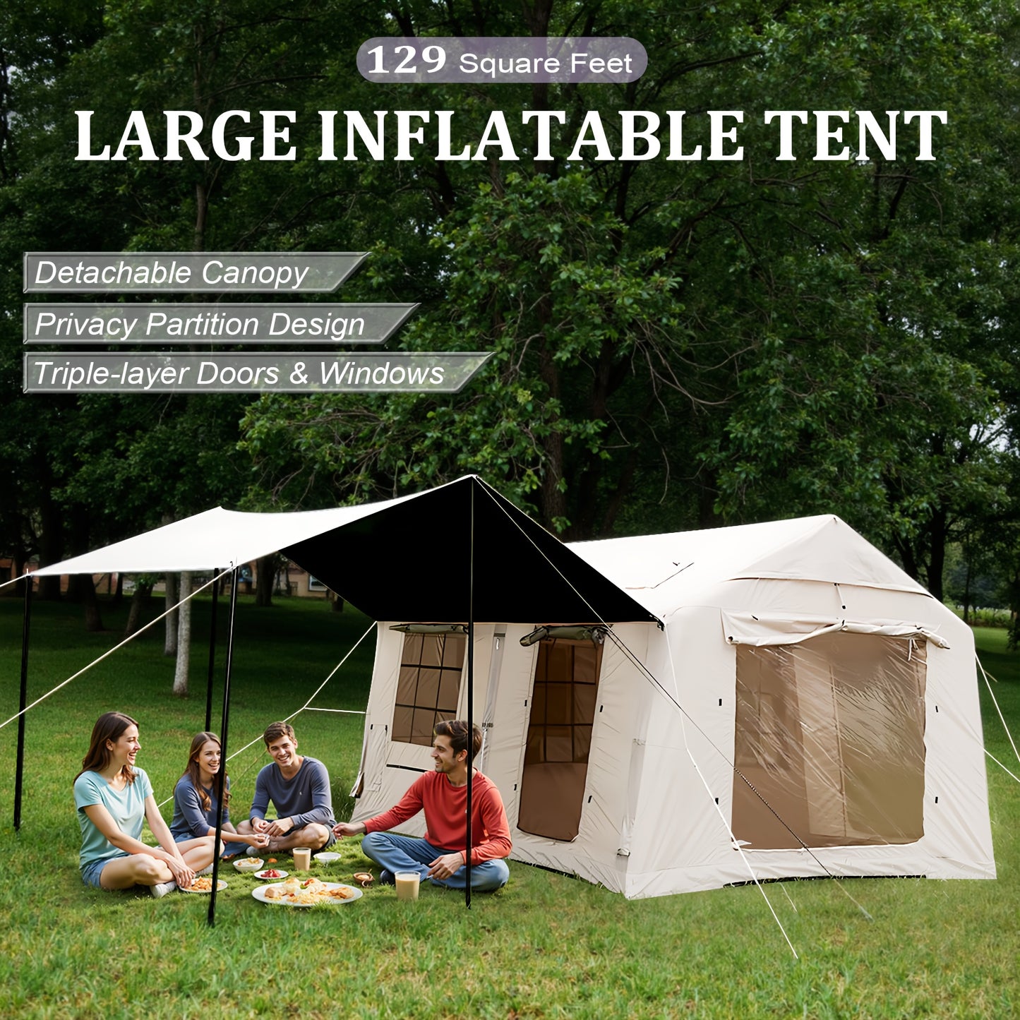 4-8 Person Deluxe Camping Inflatable Tent with Hand Pump 129 Square Feet Large Space Easy Setup Zip Closure Matching with A Canopy to Use, with A Wood Stove Chimney Opening, Tent for 4 Season, Outdoor Camping, Windproof, High Quality with Mosquito