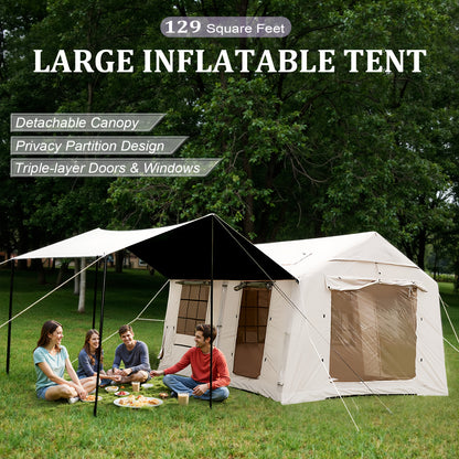 4-8 Person Deluxe Camping Inflatable Tent with Hand Pump 129 Square Feet Large Space Easy Setup Zip Closure Matching with A Canopy to Use, with A Wood Stove Chimney Opening, Tent for 4 Season, Outdoor Camping, Windproof, High Quality with Mosquito