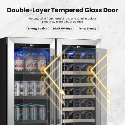 Yeego Wine And Beverage Refrigerator, 30 Inch Dual Zone Wine & Beverage Cooler, 33 Bottles & 80 Cans, Freestanding/Built-in Glass Door with Digital Control & Blue LED Display, 36-72°F Double Door Wine Refrigerator, Ideal for Bar/Home/Restaurant