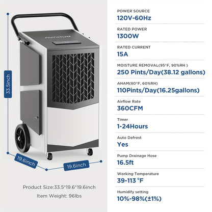 250 Pint Basement Dehumidifier with Pump Drain Hose for Basements, 8000Sqft Grade Dehumidifiers, 24H Timer, Continuous Dehumidification
