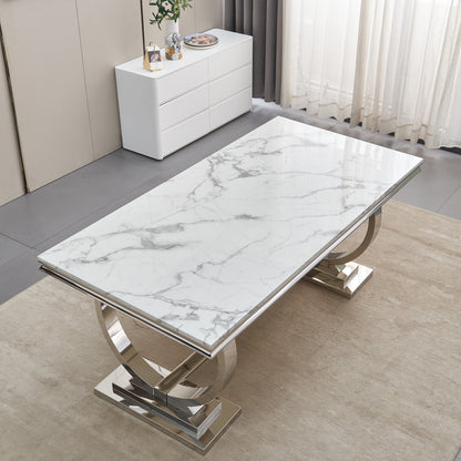 7 Piece Marble Dining Table Set, 70" Faux Marble Dining Table and Velvet Chairs for 6, 7 Piece Luxury Dining Room Table Set and 6 Upholstered Chairs with Stainless Steel Legs