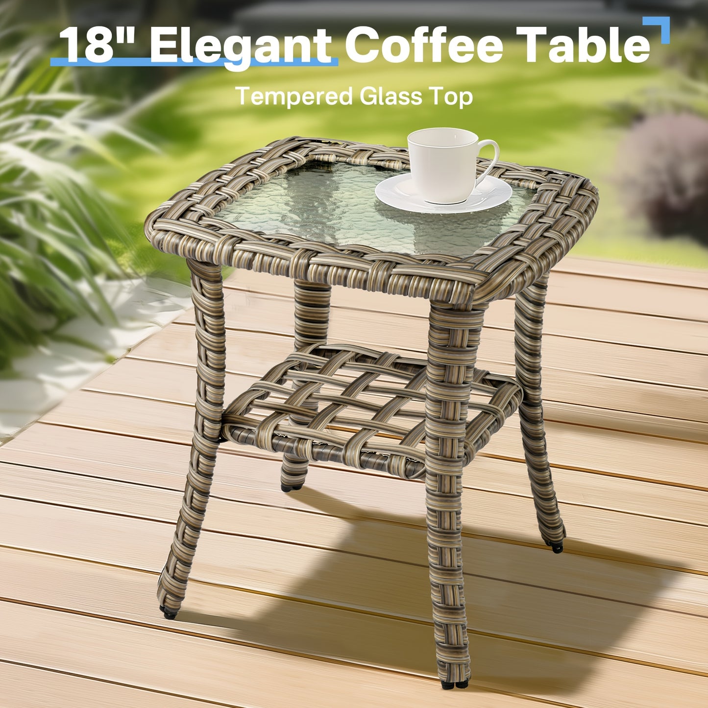 5pcs Outdoor Patio Furniture Set with 2 Swivel Chairs, 1 Outside Sofa, 1 Side Table and 1 Solar Lighting Glass Coffee Table - All-Weather Wicker Patio Conversation Set Modern Design for Garden, Deck, and Porch Decor