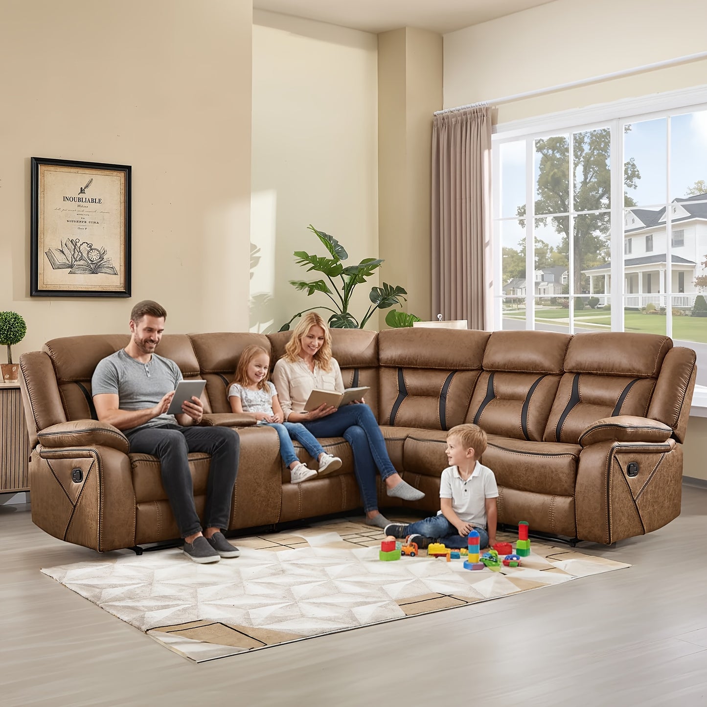 Contemporary Synthetic Faux Leather Reclining Sofa Collection, 5-Seater Couch Featuring Cup Holders And Storage, Ideal for Living Rooms And Offices