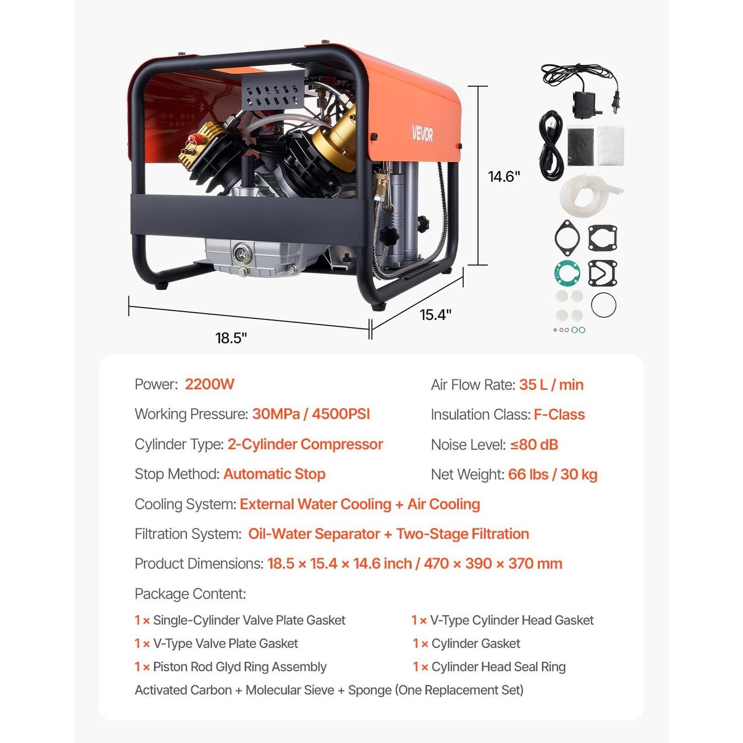 PCP Air Compressor 4500PSI/30Mpa 2-Cylinder Scuba Diving Tank Compressor External water cooling / Internal water cooling