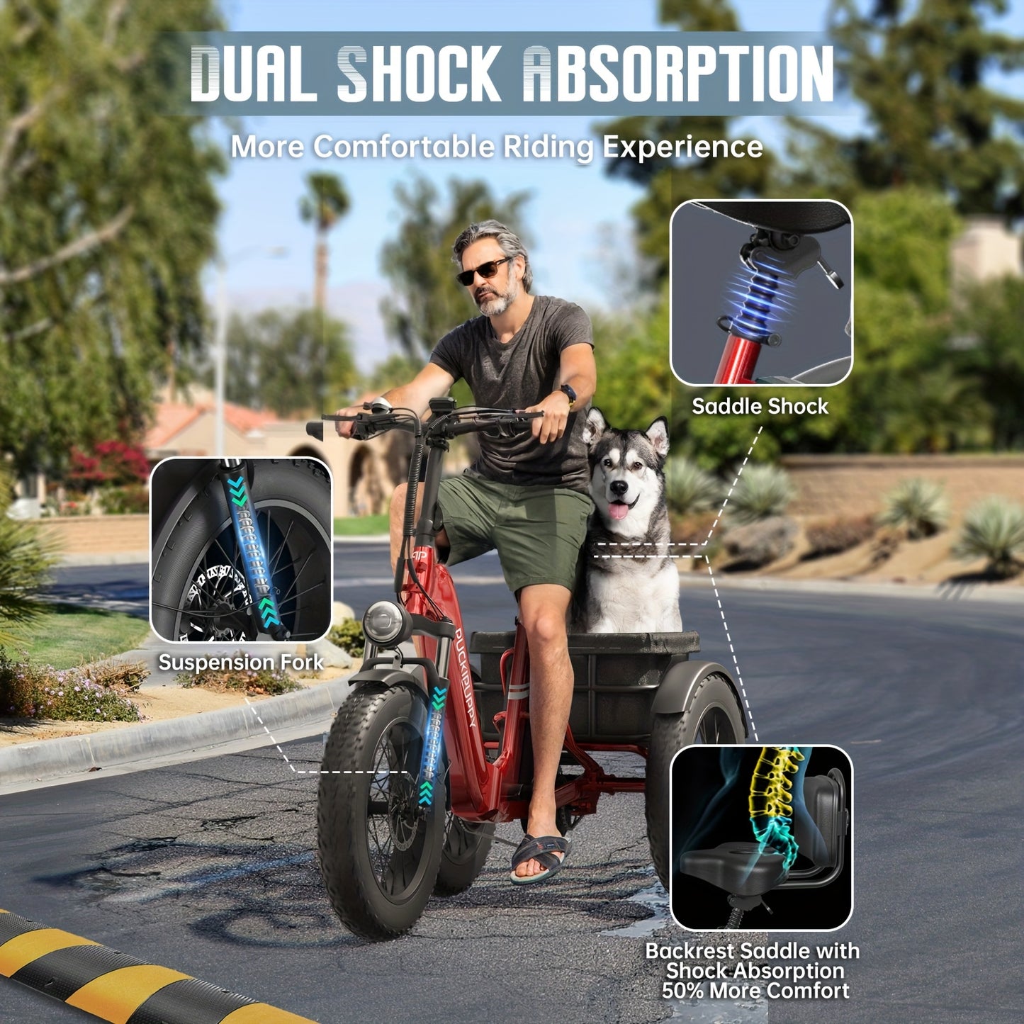 Dual Battery Electric Tricycle with 110-Mile High Range, Rear High-power Brushless Motor, 48V/15Ah&18Ah Removable Battery, 500lb Load Capacity, 20'' Tires And Large Basket, Suitable for Fishing/traveling, Essential for Elderly Travel(Husky Plus)