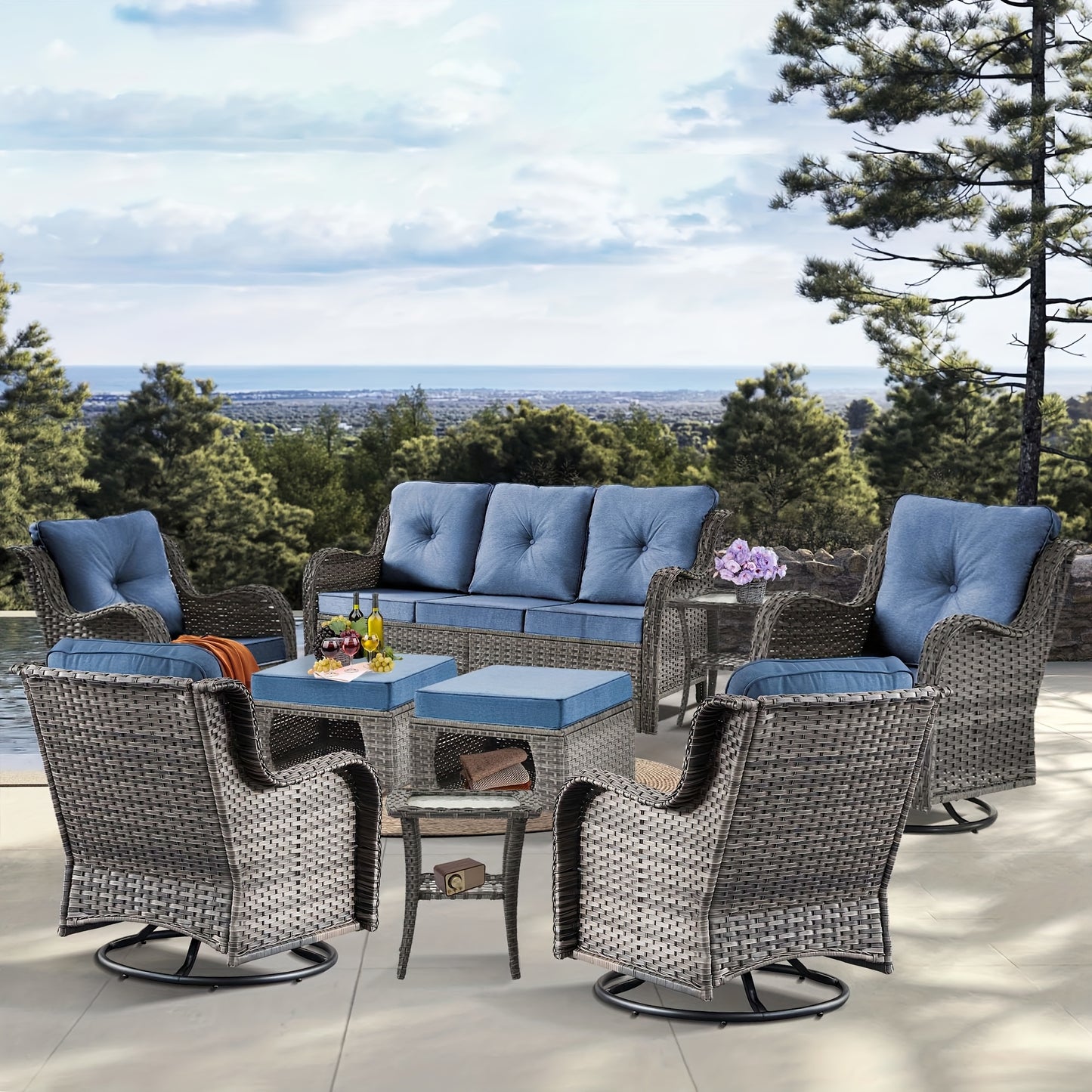 9pcs Outdoor Rattan Furniture Set Made from All-Weather Materials, Featuring 360° Swivel Rocking Chairs, a Sofa, Ottomans, And a Tempered Glass Side Table. This High-Quality Wicker Is Built to Last