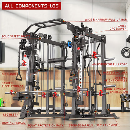 Smith Machine, Multi-function Squat Rack Power Cage L05 with Cable Crossover System, Strength Training Equipment, with Optional Weight Bench, Barbell Weight Set, for Home Gym