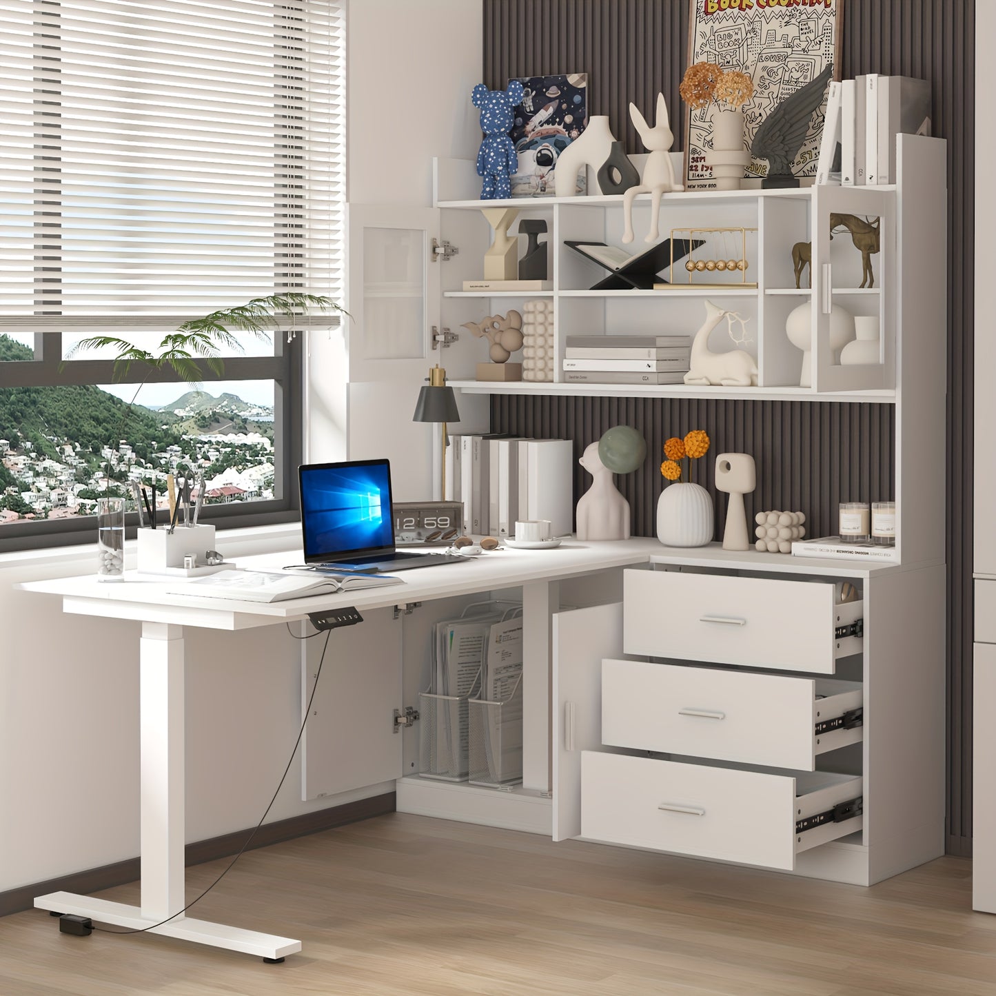 Electric Height Adjustable Computer Desk With 3 Drawers, 1 Cabinet & 2 Open Shelves, L-shaped Computer Desk With Glass Doors & Open Counter, Study Writing Table, For Office, White