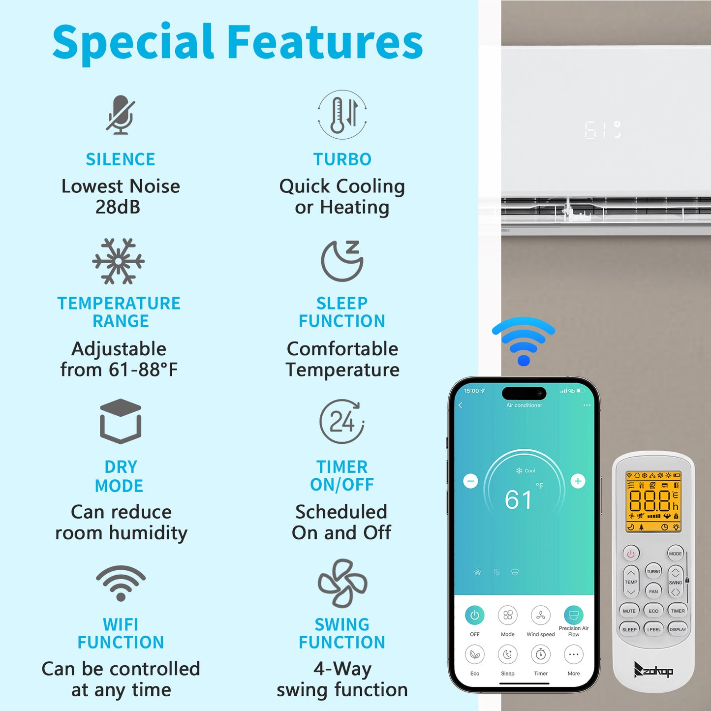28000 BTU 2-Zone Ductless Mini Split AC/Heat Pump 20 SEER2, Pre-Charged Condenser, 9K+18K BTU Indoor Units, 2x25ft Installation Kits, Ideal for Home,