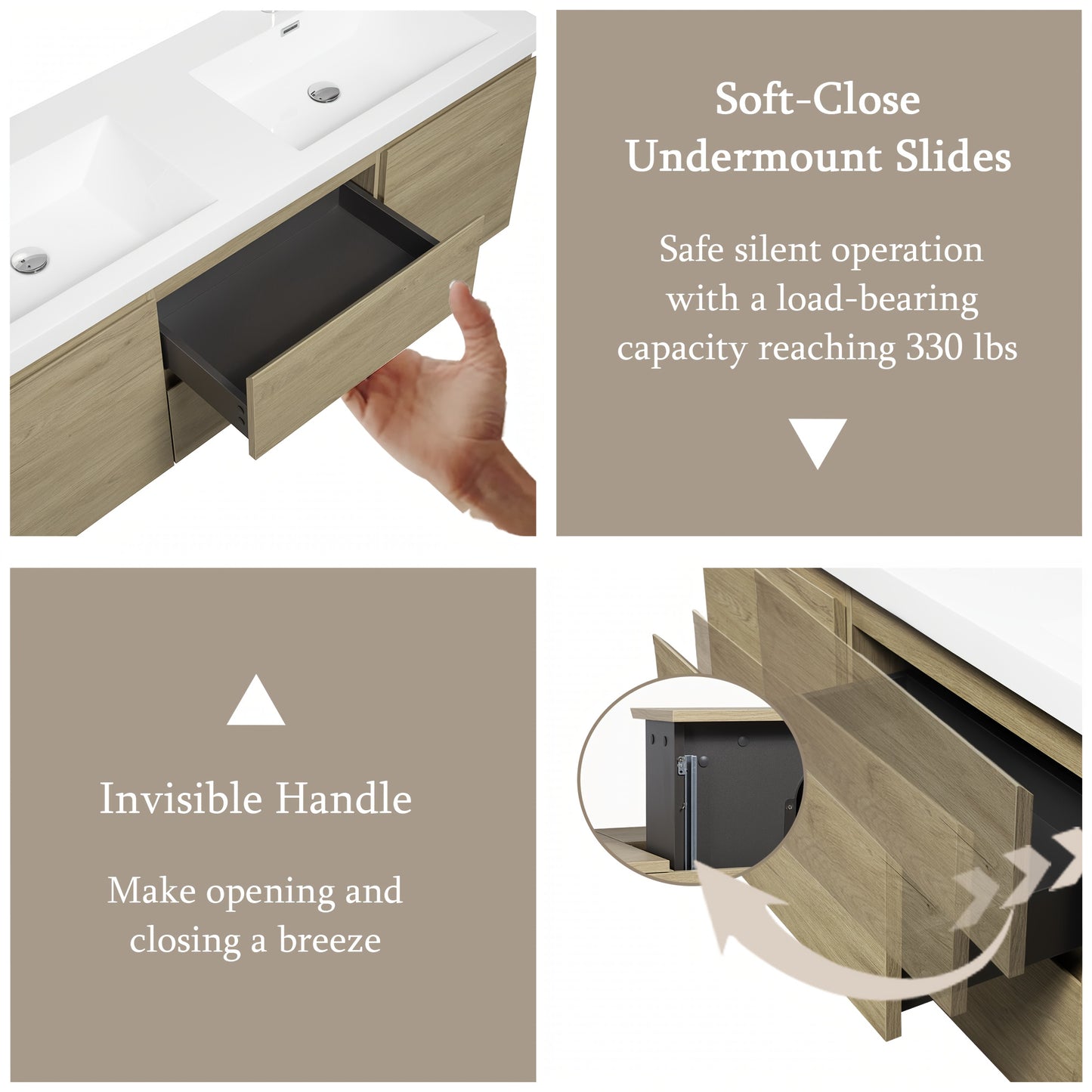60" Modern Floating Wall-Mounted Bathroom Vanity with Double Sink - Natural Oak Wood, Large Storage & Soft-Close Drawers, One-Piece White Resin Countertop Sink, Space-Saving Design, Easy Install (Faucet/Drain Not Included)