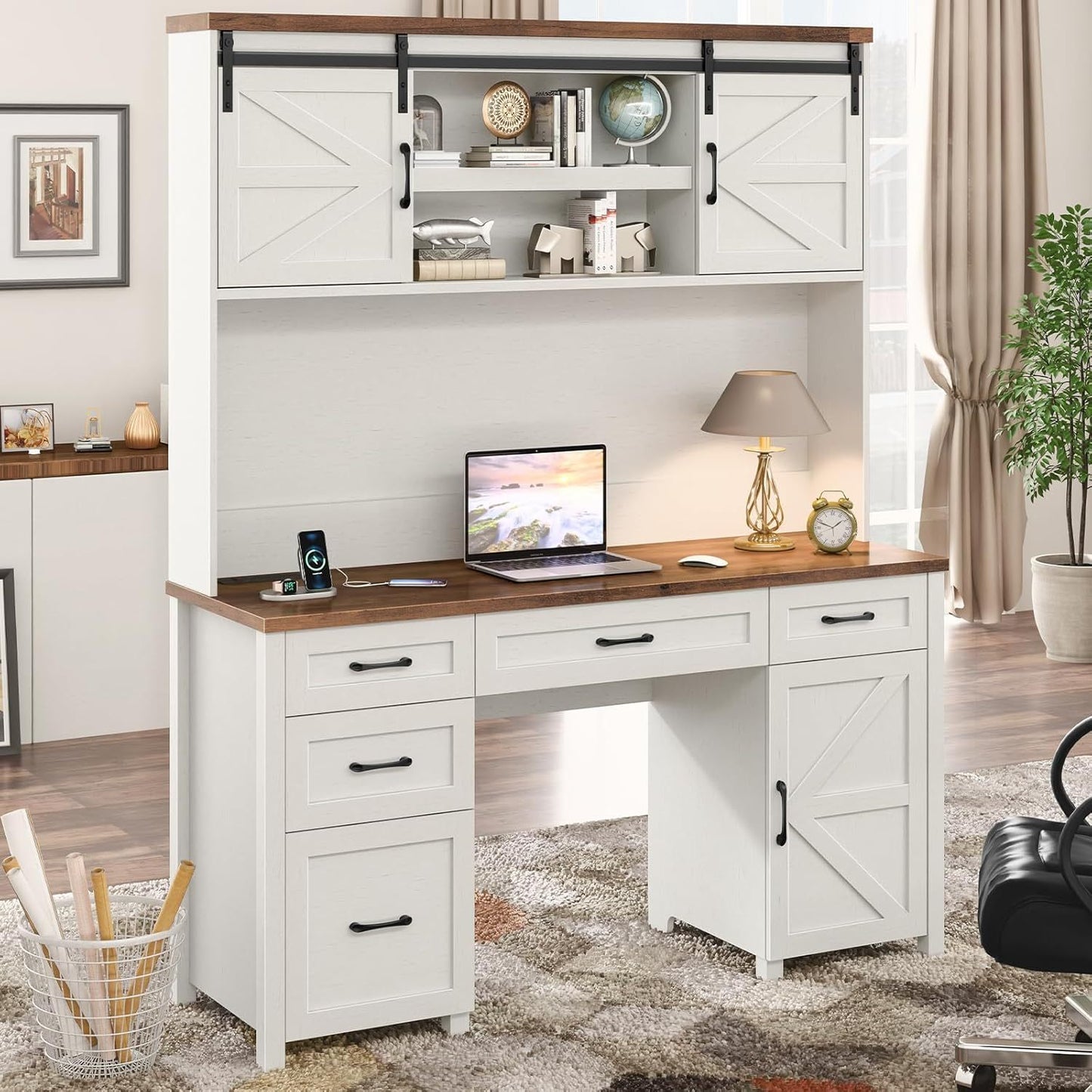 67''H Executive Desk with Storage Cabinet & 5 Drawers Wooden Office Table Computer Desk with Charging Station & Sliding Barn Doors Modern Workspace Office Desk for Home Office & Study, White