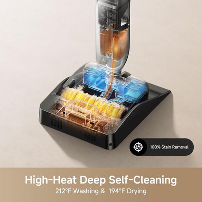 Plus Additional Cleaning Solution Smart Wet Dry Vacuum Cleaner Set, 20000Pa Cordless Vacuum Mop Featuring Zero Tangle, Hot Water Mopping for Tough Stains, 194F Hot Air Self-Drying, 180° Flat Laying, Push-In Charging Dock, LED Screen