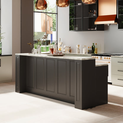 Modern 4-door Kitchen Island with 4 Spacious Drawers And 4 Shelves, Heavy-duty Kitchen Pantry Storage Cabinet with Stone Patterned Tabletop, Stationary Kitchen Table Coffee Bar Dining Table, for Dining Room, Kitchen, Stylish Design, 94, 5''L × 31, 3''D