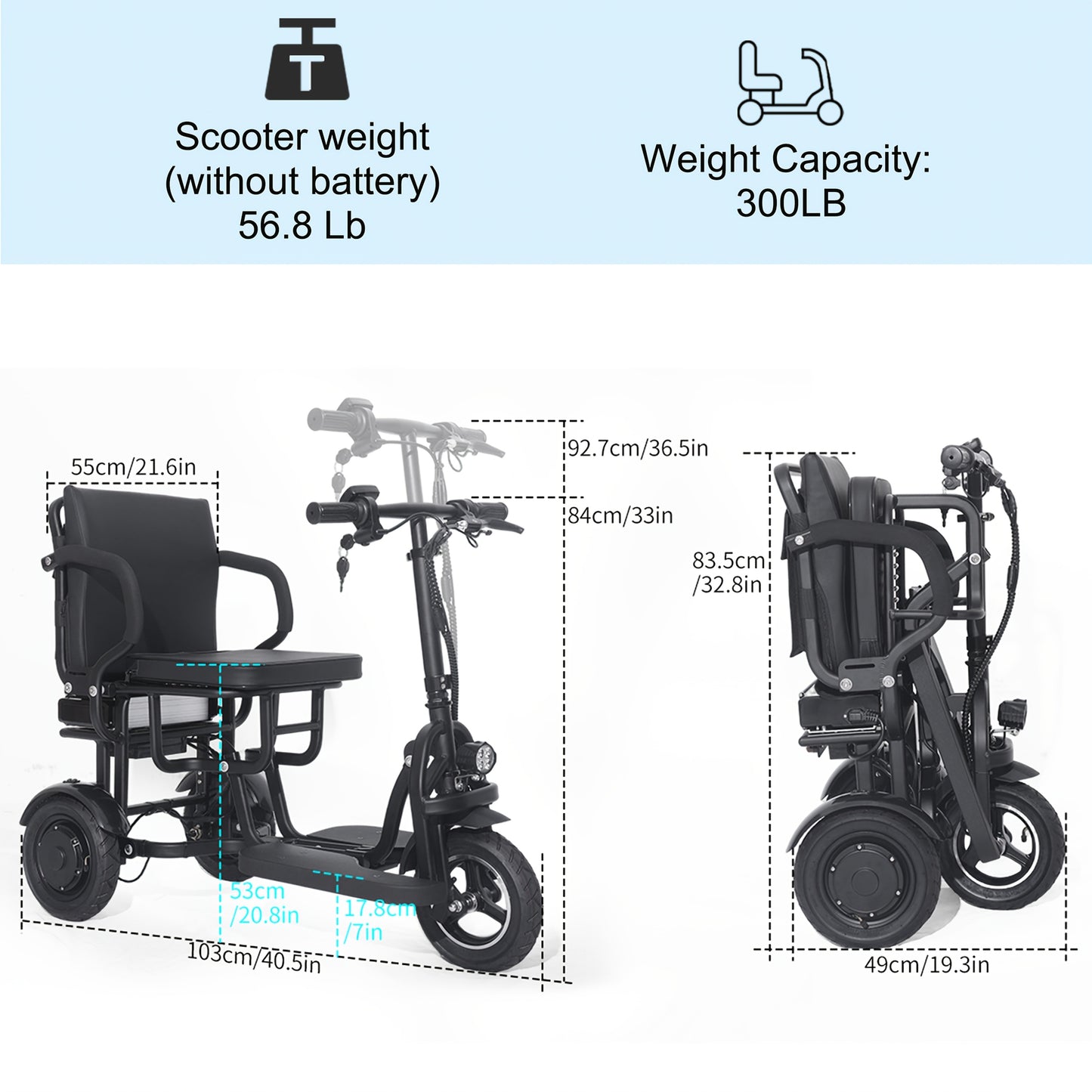 3 Wheel Electric Scooter For Seniors, 500W Dual Motor Lightweight Folding Mobility Trike, 300 Lbs Capacity, Airline Approved Removable Battery For Travel