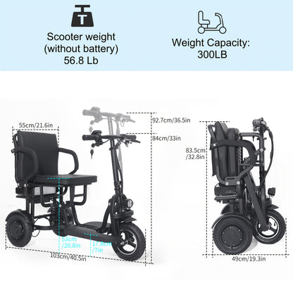 3 Wheel Electric Scooter For Seniors, 500W Dual Motor Lightweight Folding Mobility Trike, 300 Lbs Capacity, Airline Approved Removable Battery For Travel