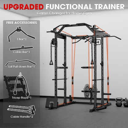 8-in-1 Power Rack Cage With 1500lb Capacity & Cable Crossover Machine - Multi-Function Squat Rack With J-Hooks, Dip Bars, And Landmine - Comprehensive Plate-Loaded Home Gym Equipment (Red)