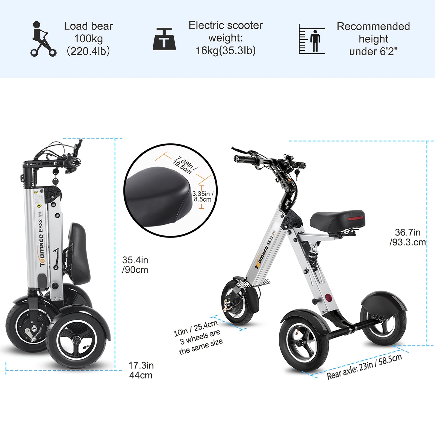 Compact Electric Trike for Grown-Ups, 3-Wheeled Mobility Scooter Featuring a Seat And Reverse Function, 10-Inch Air Tires, Lightweight Vehicle for Outdoor Adventures