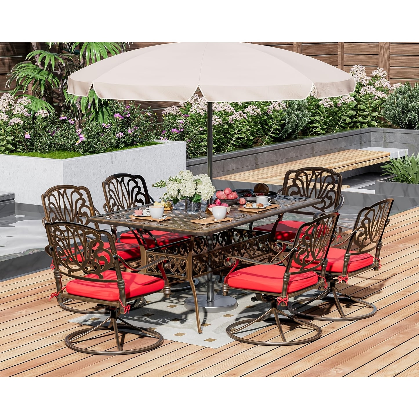 7pcs Heavy-Duty Cast Aluminum Patio Dining Set with Cast-Top Table & Chairs, Red Cushioned Seats & Backs - All-Weather Outdoor Furniture for Backyard, Porch, Poolside - Durable Metal Construction, Elegant Design for Family Gatherings & Entertaining