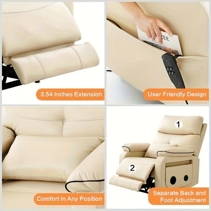 Infinite Position Electric Lift Recliner with Wireless Charger and Cup Holder, Vibration Massage and Heating, Genuine Faux Leather, Beige, Brown Silvery Gray Color Optional