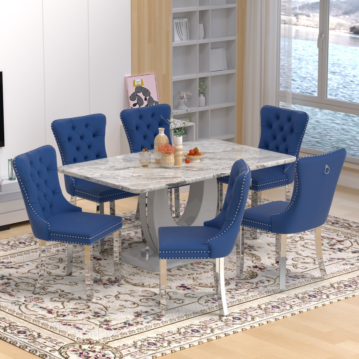Sumdeal 63" Dining Table with 6 Velvet Dining Chairs, Modern Dining Table for 4-6 People