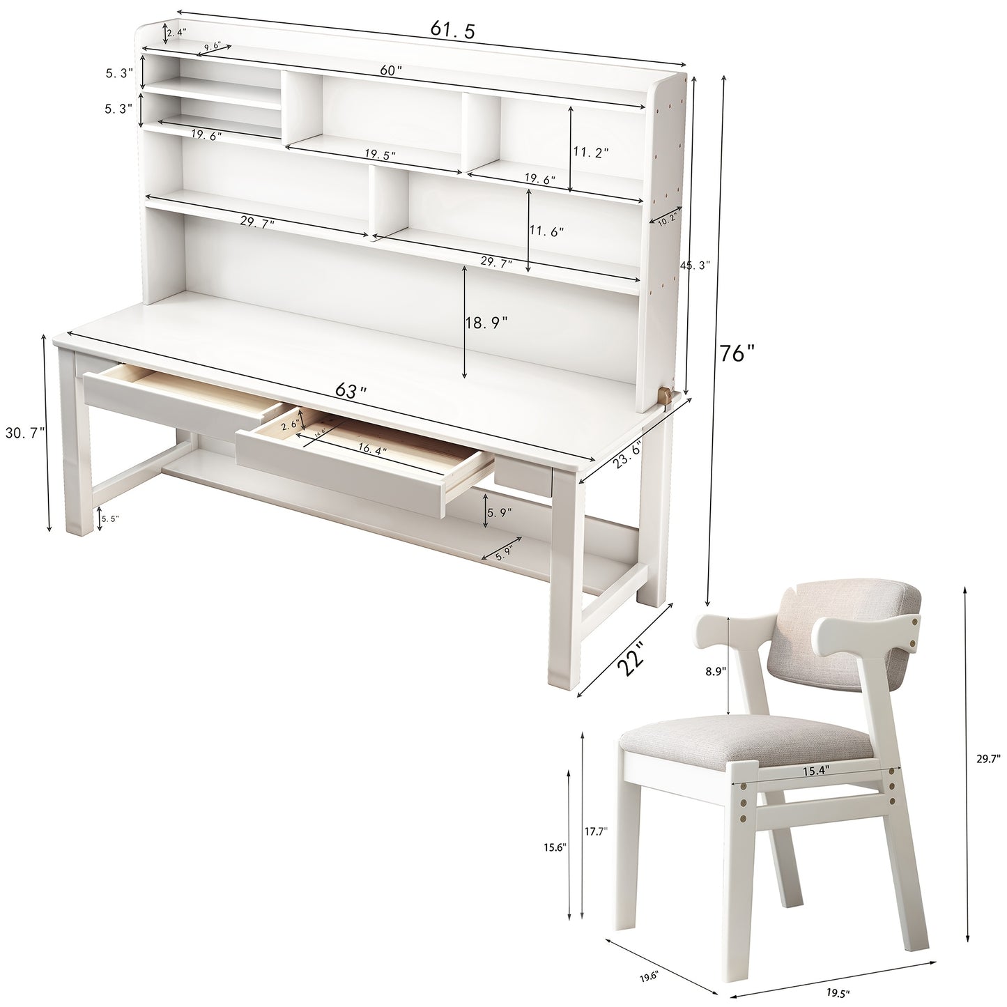 63" Modern Solid Wood Desk with Built-In Bookshelf & 2 Chairs - Space-Saving Writing Desk/Shelf Combo Suitable for Small Apartments, Dorm Rooms - Study Desk, Assembly