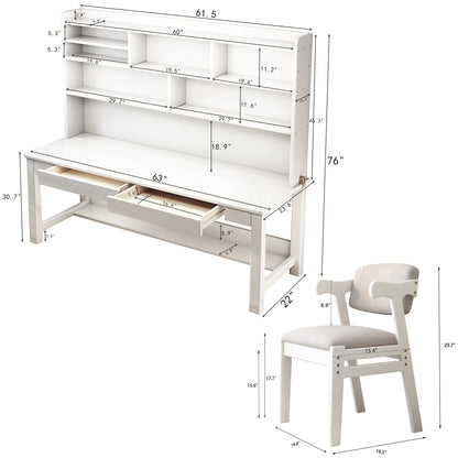 63" Modern Solid Wood Desk with Built-In Bookshelf & 2 Chairs - Space-Saving Writing Desk/Shelf Combo Suitable for Small Apartments, Dorm Rooms - Study Desk, Assembly