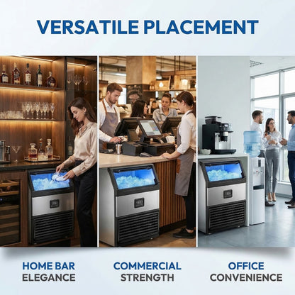 Commercial Ice Maker Machine 440lbs Daily Output, Freestanding Self-Contained Ice Maker with 77lbs Storage Bin, LCD Display Panel with Connection Hoses & Scoop for Home Bar or Office Use