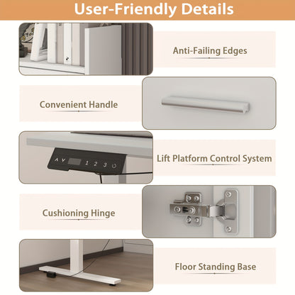 Electric Height Adjustable Computer Desk With 3 Drawers, 1 Cabinet & 2 Open Shelves, L-shaped Computer Desk With Glass Doors & Open Counter, Study Writing Table, For Office, White