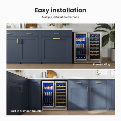 Yeego Wine And Beverage Refrigerator, 30 Inch Dual Zone Wine & Beverage Cooler, 33 Bottles & 80 Cans, Freestanding/Built-in Glass Door with Digital Control & Blue LED Display, 36-72°F Double Door Wine Refrigerator, Ideal for Bar/Home/Restaurant