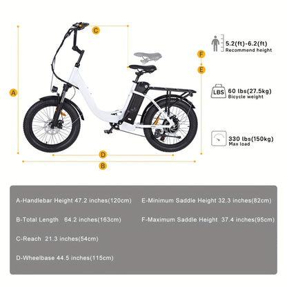 Electric Bike For Adults, RP50 Real 500W 20''×3.0 Fat Tire Electric Bicycle, 14.5Ah 48V Removable Battery Max Range 73Miles For Urban Commuter, High MPH Cargo Ebike With Front Suspension & 7 Speed Gear