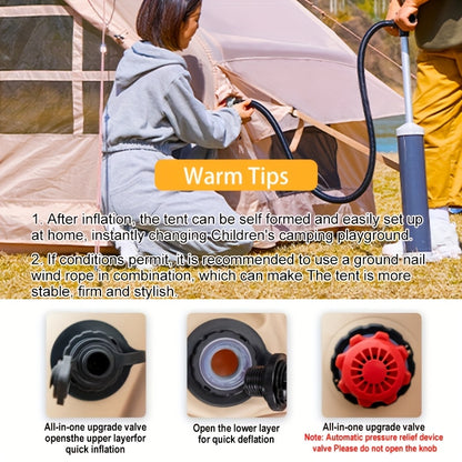 4-8 Person Deluxe Camping Inflatable Tent with Hand Pump 129 Square Feet Large Space Easy Setup Zip Closure Matching with A Canopy to Use, with A Wood Stove Chimney Opening, Tent for 4 Season, Outdoor Camping, Windproof, High Quality with Mosquito
