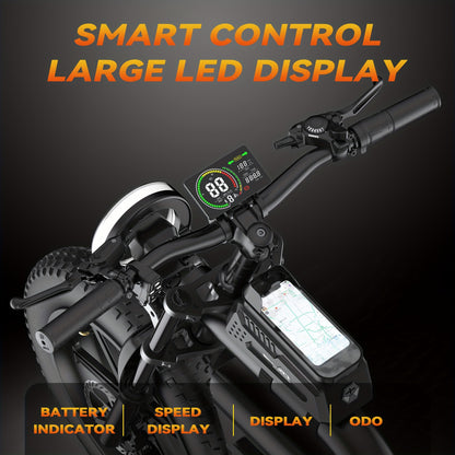Electric Dirt Bike For Adults - 60V Fast Speed Commuter EBike With 20Ah*2 Battery, 93 Mile Long Range Motorcycle, All-Terrain Fat Tires, Full Suspension, Smart Display, USB Port, Storage Bag, Hydraulic Brakes. Perfect Gift For Christmas & New Year.