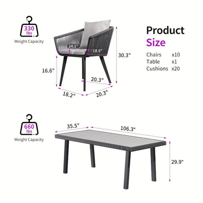 7/11pcs Outdoor Dining Set Made of Aluminum Alloy & Stainless Steel with PE Wicker - Waterproof Rattan Chairs Featuring Removable Cushions (Gray) Suitable for Garden, Poolside & Backyard