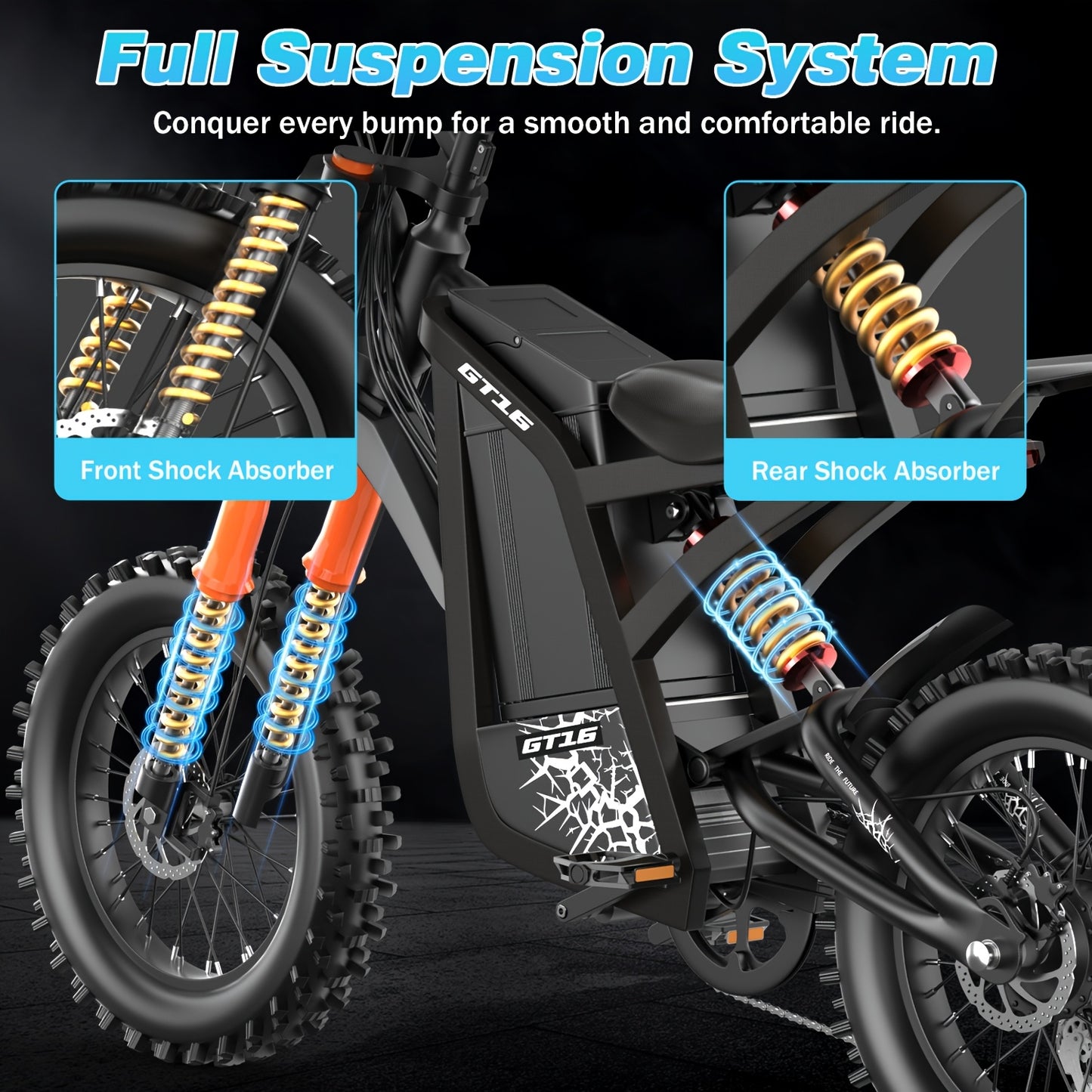 GT16 Electric Bike for Adults, 749W Peak Motor, 27.9MPH Max Speed, 48V 25A Removable Battery, Up to 75 Miles Long Range, LED Headlight & Taillight, 16" Tire Off-Road E-Bike