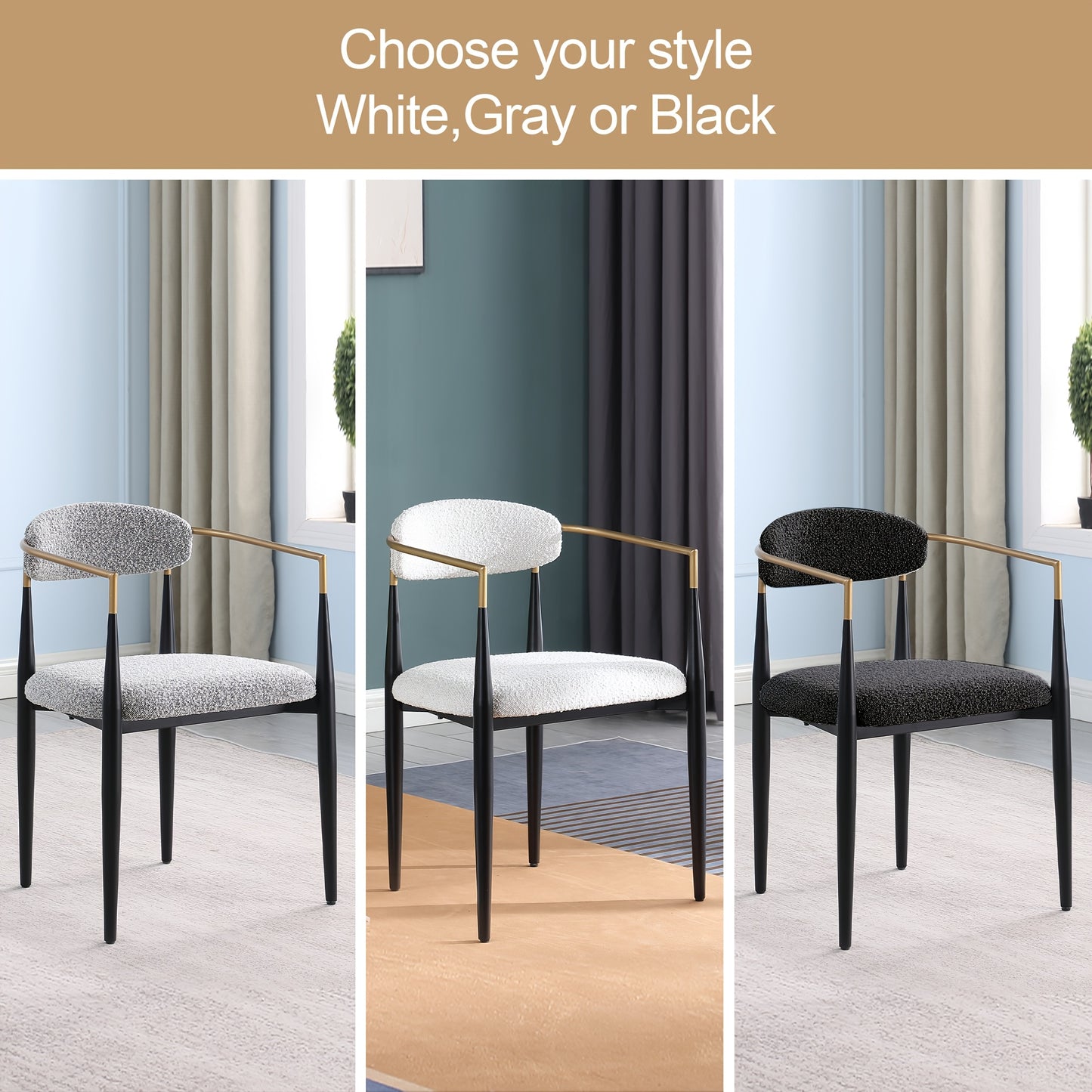 Morden Fort Black Modern Dining Chairs, Boucle Armchair Set Of 2 For Kitchen, Reception Room, Living Room, Bedroom, Restaurant