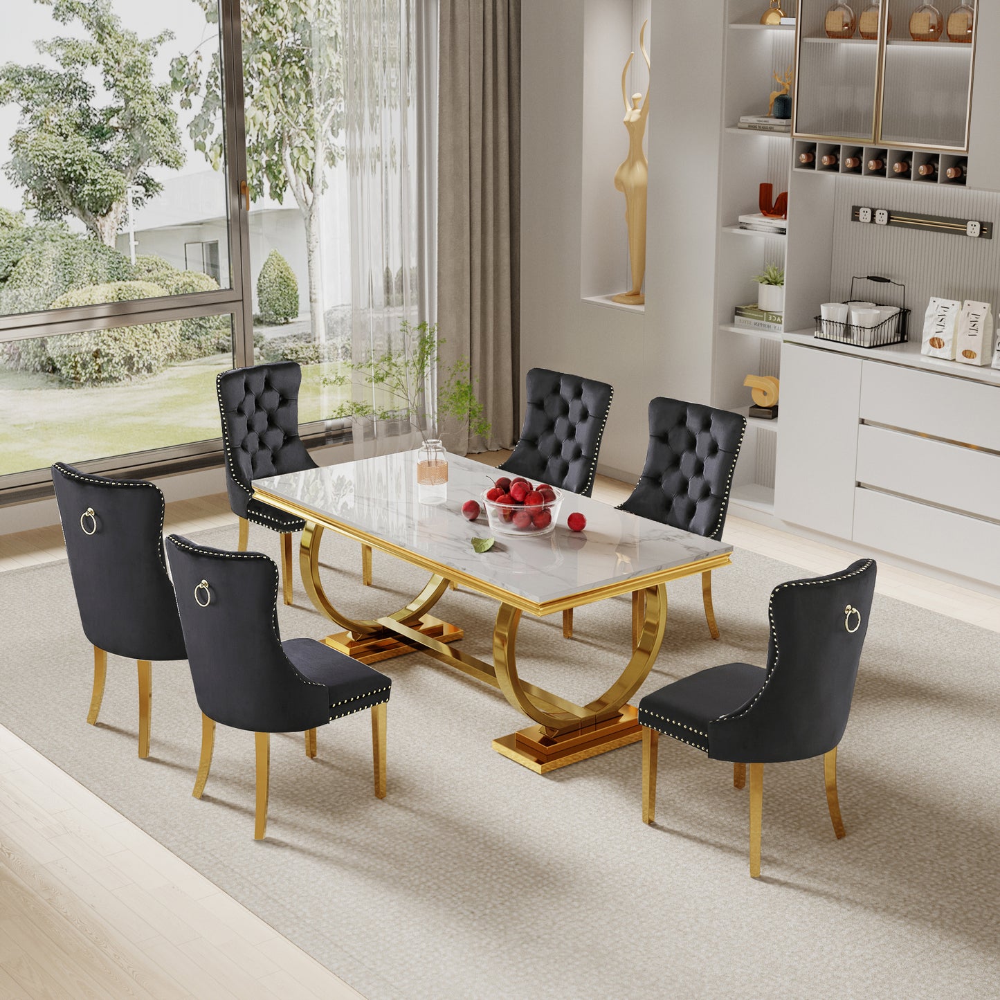 7 Piece Marble Dining Table Set, 70" Faux Marble Dining Table and Velvet Chairs for 6, 7 Piece Luxury Dining Room Table Set and 6 Upholstered Chairs with Stainless Steel Legs