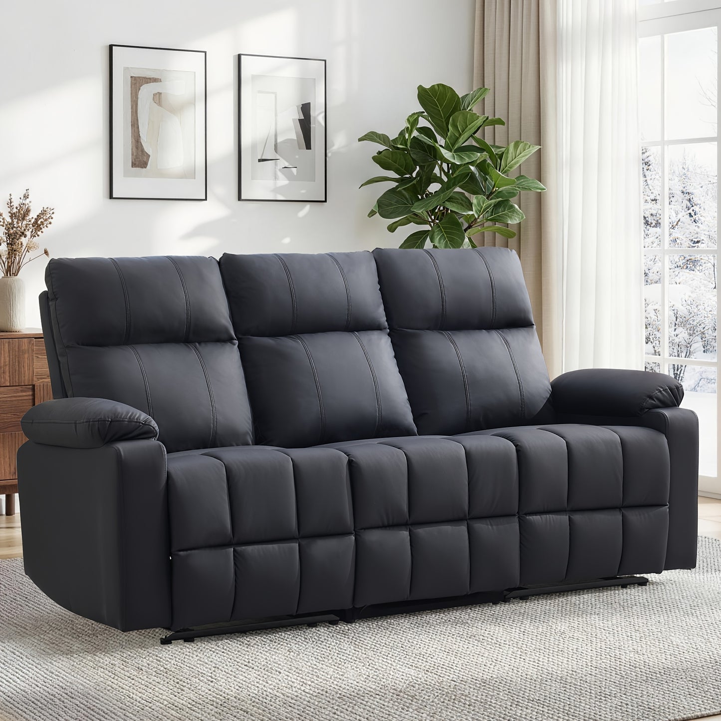 Three-Person Sofa Design, Middle Backrest Flip Design, Three-Seat Reclining Sofa, Recliner Sofa with USB Port, Manual Living Room Sofa