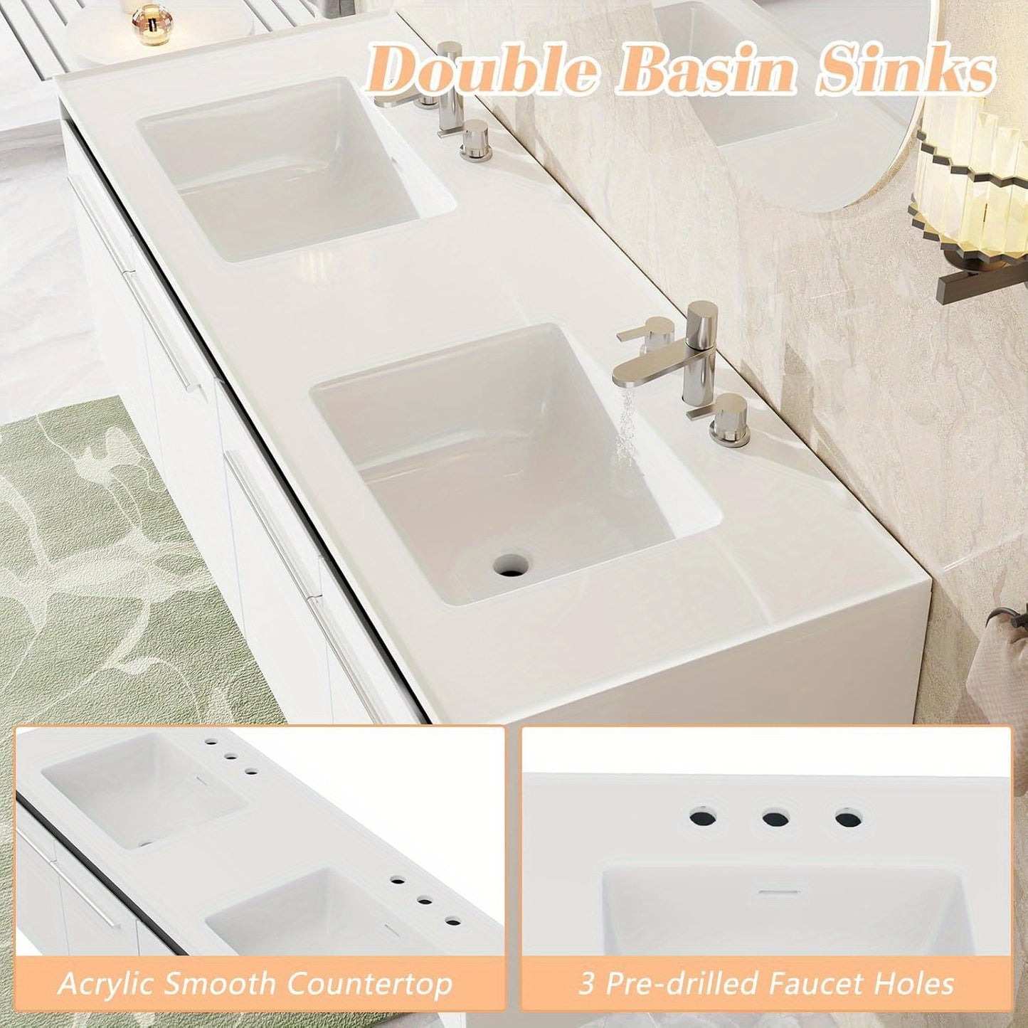 LED Floating Bathroom Double Vanity with Sink Combo, Modern High Gloss Wall Mounted Bathroom Storage Cabinet with 3 Hole Sink&& Metal Handles& Soft Closing Doors