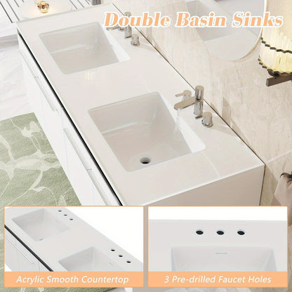 LED Floating Bathroom Double Vanity with Sink Combo, Modern High Gloss Wall Mounted Bathroom Storage Cabinet with 3 Hole Sink&& Metal Handles& Soft Closing Doors