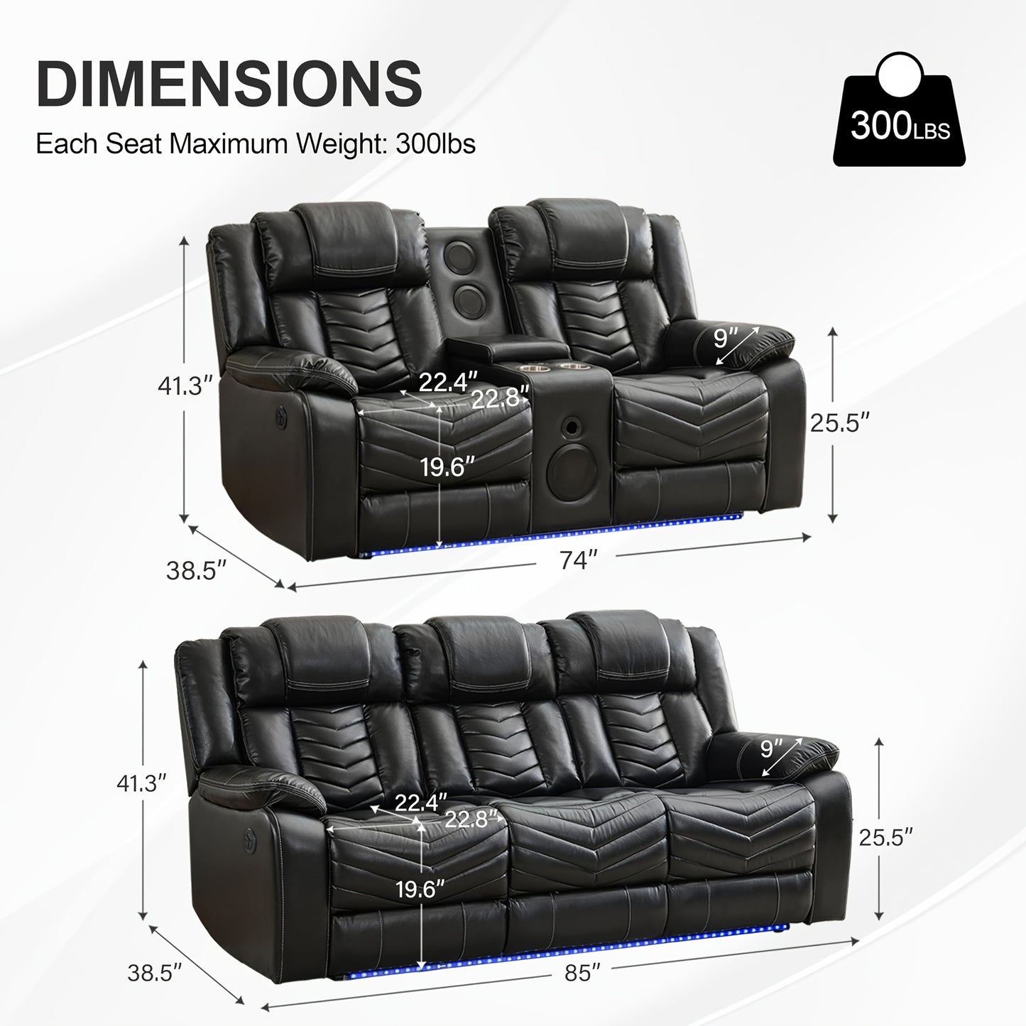 Manual Recliner Sofa Set with Wireless Charger for Living Room, Faux Leather 3 Seater Reclining Sofa and Loveseat Seating Couch with Bass Speakers, LED Lights.